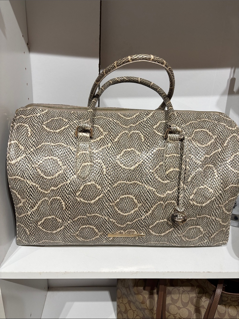 Brahmin Spencer Beige Patterned Dome Satchel Handbag